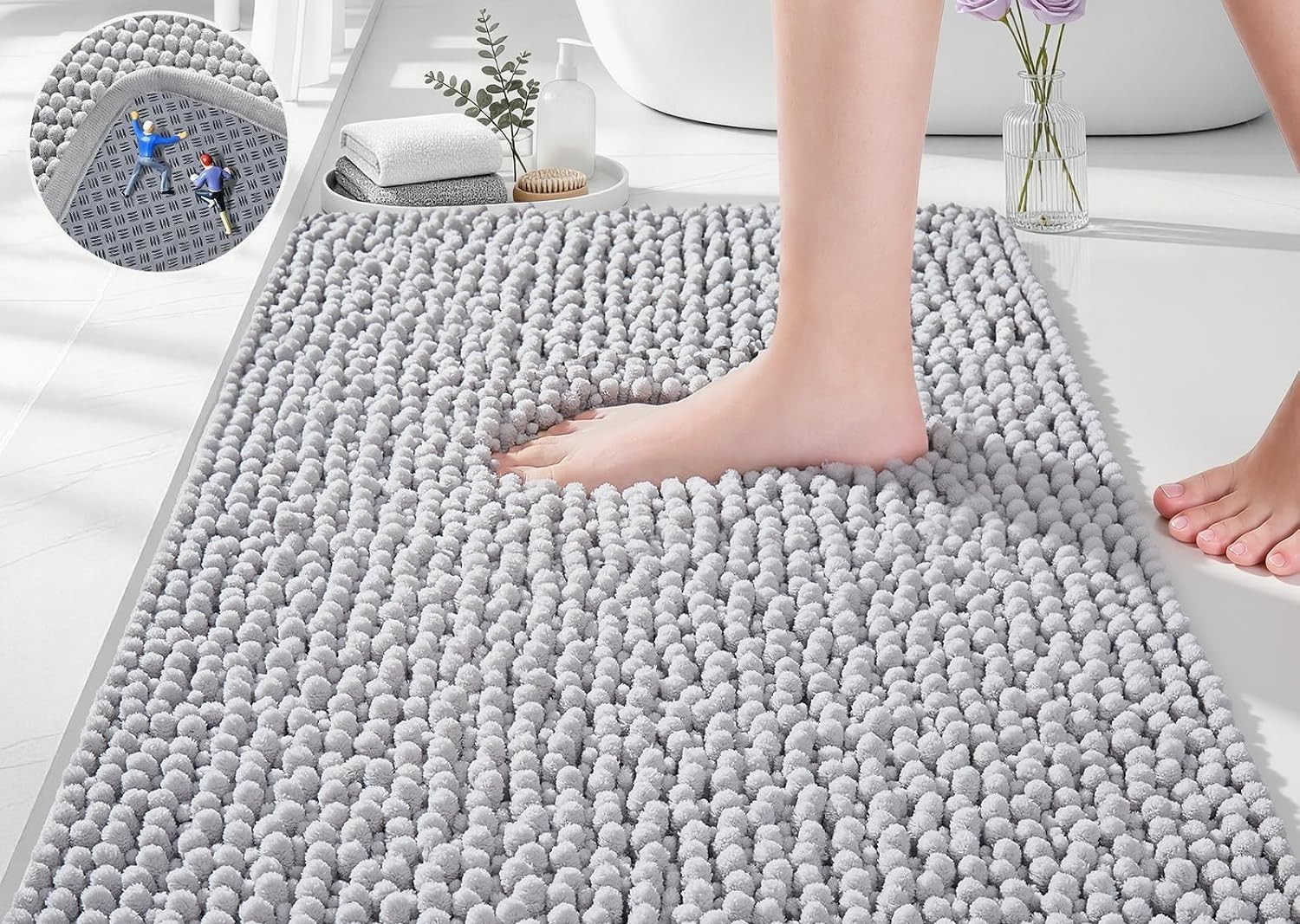 Lunvok Grey Bathroom Rugs 30 x 20 Inch, Plush Chenille Bath Mat, Non-Slip Absorbent Quick-Dry Rug, Thick Machine-Washable Floor Mat for Shower, Toilet & Sink