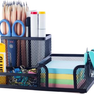 Lunvok Mesh Desk Organizer, 3-Compartment Metal Pen & Pencil Holder with Sticky Note Holder, Black Office Supply Organizer for Home, School & Office
